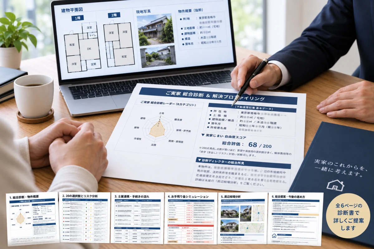 ご実家の診断書や物件資料を確認しながら打ち合わせするイメージ