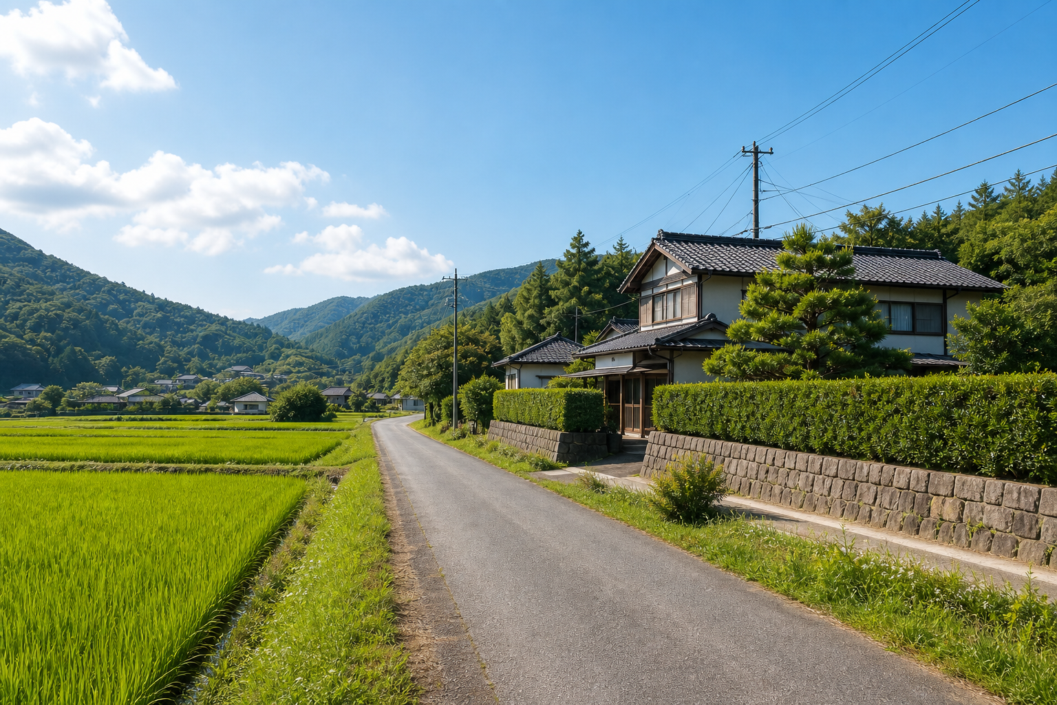 田園と実家が見える日本の田舎道のイメージ
